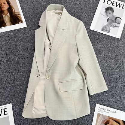Beige cotton and linen suit jacket for women 2024 summer new style high-end fashion one-button casual street suit