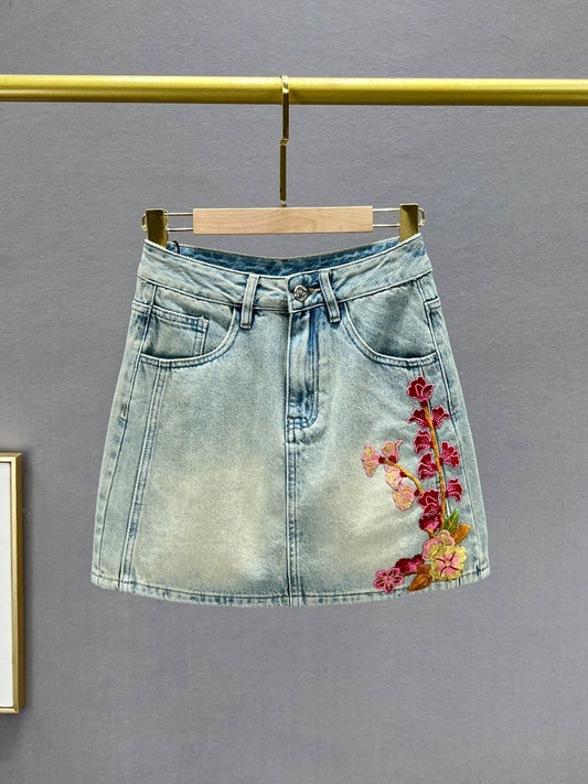 Ethnic style embroidered denim skirt women's short skirt 2024 new summer high waist slimming slim a-line skirt trend