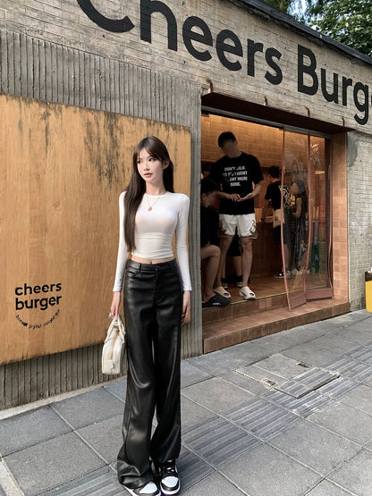 CHICYOU [Same as Rose] Practical and versatile basic leather pants, casual slimming leather trousers, straight-leg pants for women