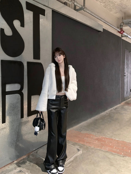 CHICYOU [Same as Rose] Practical and versatile basic leather pants, casual slimming leather trousers, straight-leg pants for women