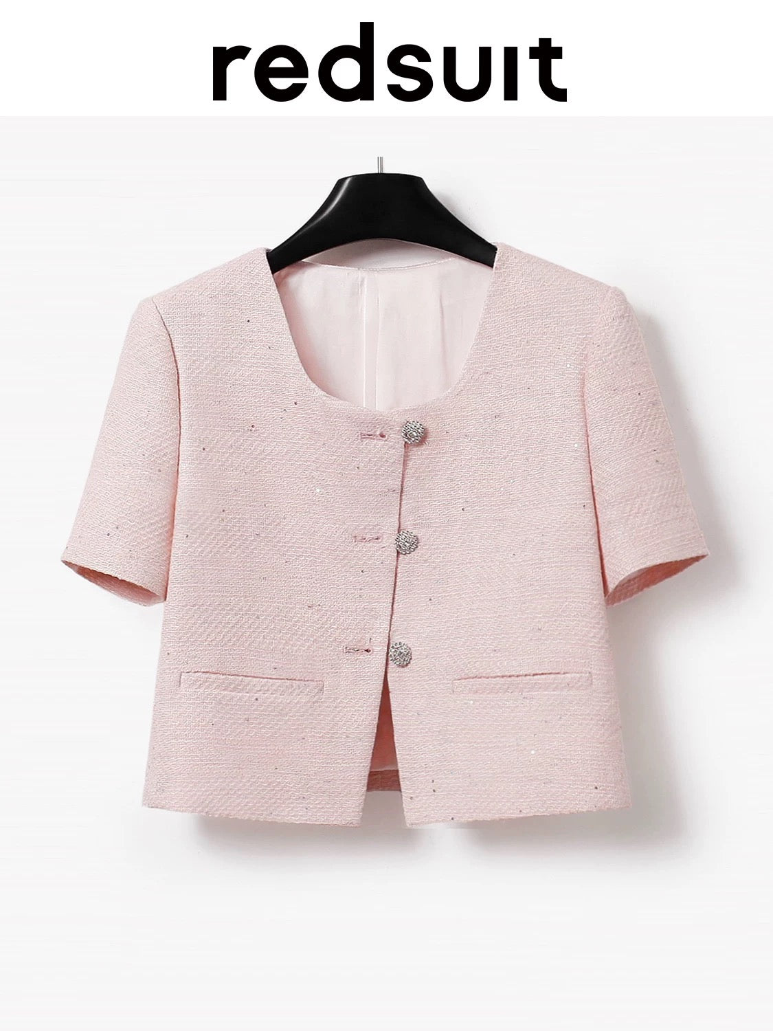 redsuit classic and versatile ~ exquisite and simple design U-neck small Chanel style temperament pink short-sleeved thin top