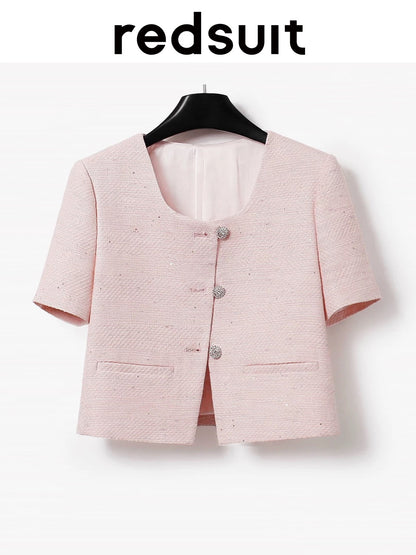 redsuit classic and versatile ~ exquisite and simple design U-neck small Chanel style temperament pink short-sleeved thin top