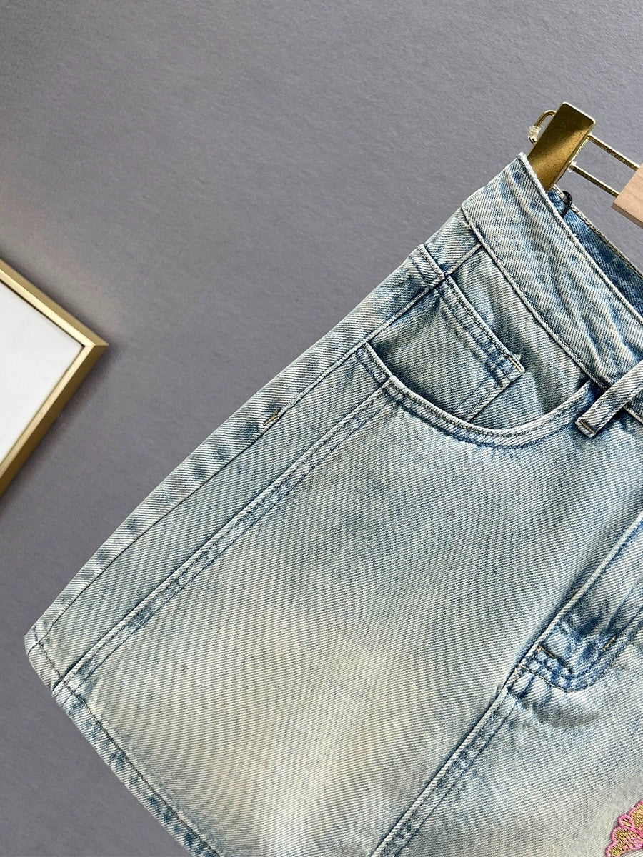 Ethnic style embroidered denim skirt women's short skirt 2024 new summer high waist slimming slim a-line skirt trend
