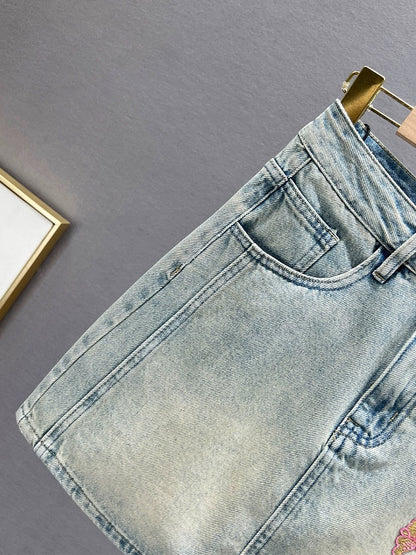Ethnic style embroidered denim skirt women's short skirt 2024 new summer high waist slimming slim a-line skirt trend