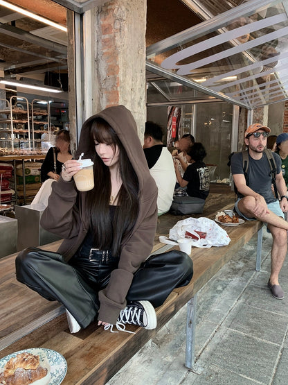 CHICYOU [Same as Rose] Practical and versatile basic leather pants, casual slimming leather trousers, straight-leg pants for women