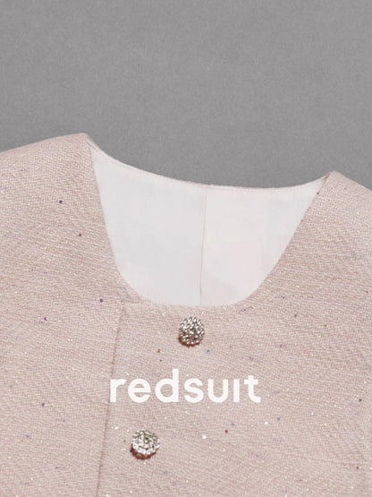 redsuit classic and versatile ~ exquisite and simple design U-neck small Chanel style temperament pink short-sleeved thin top