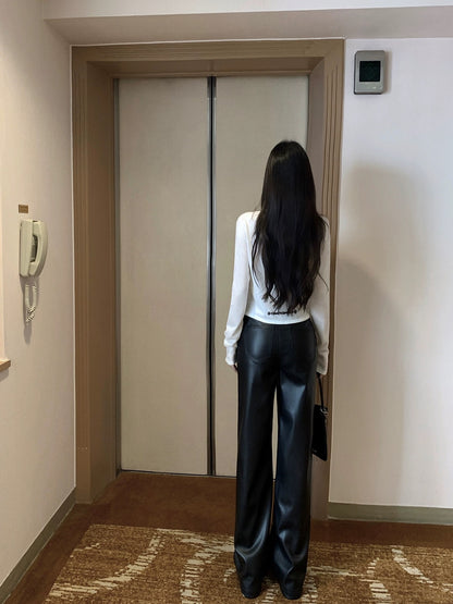 CHICYOU [Same as Rose] Practical and versatile basic leather pants, casual slimming leather trousers, straight-leg pants for women