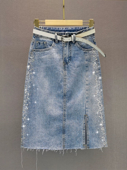 European station hot diamond slit skirt women's 2024 spring and summer new high-waist slim mid-length hip-covering denim skirt