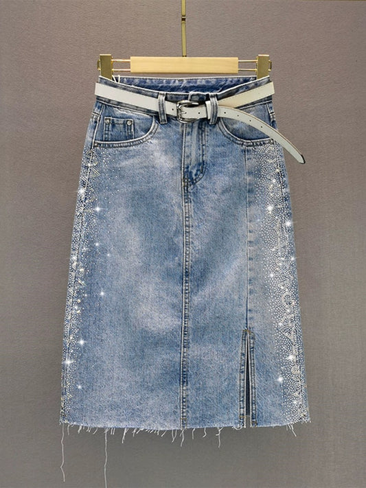 European station hot diamond slit skirt women's 2024 spring and summer new high-waist slim mid-length hip-covering denim skirt