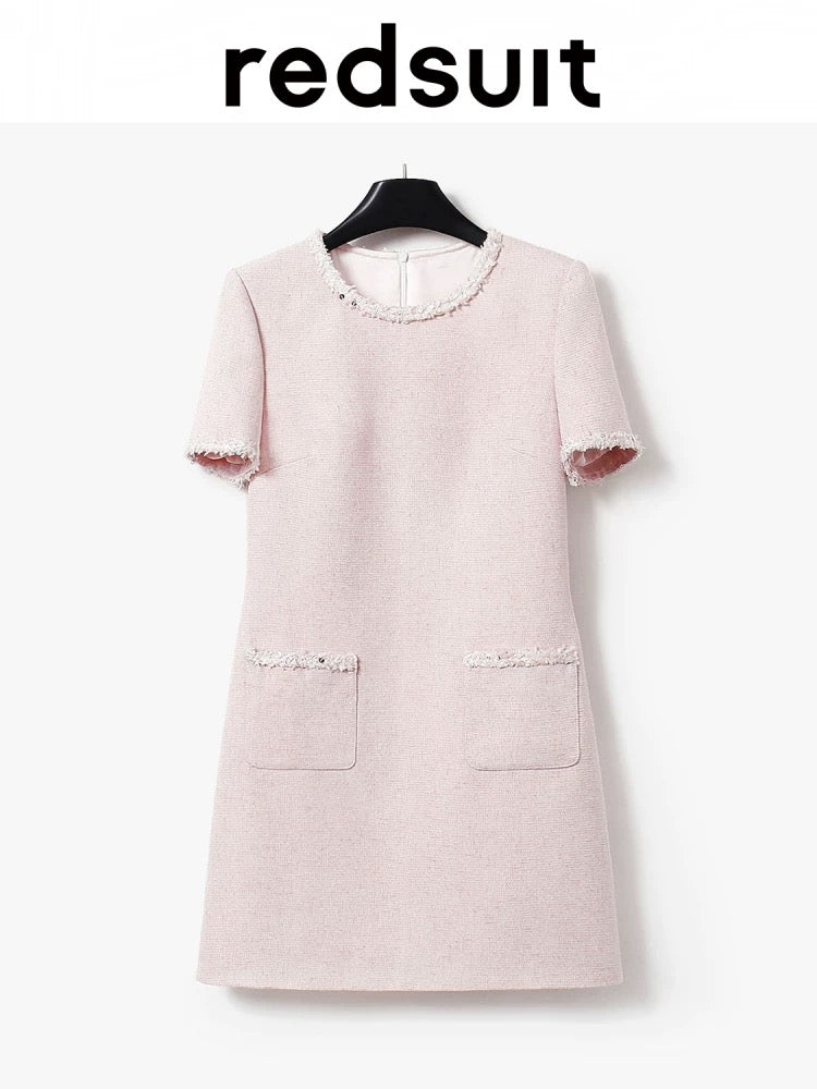 redsuit Rich daughter temperament champagne rose pink light tweed small Chanel style short-sleeved dress