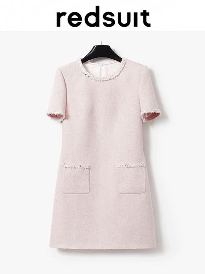 redsuit Rich daughter temperament champagne rose pink light tweed small Chanel style short-sleeved dress