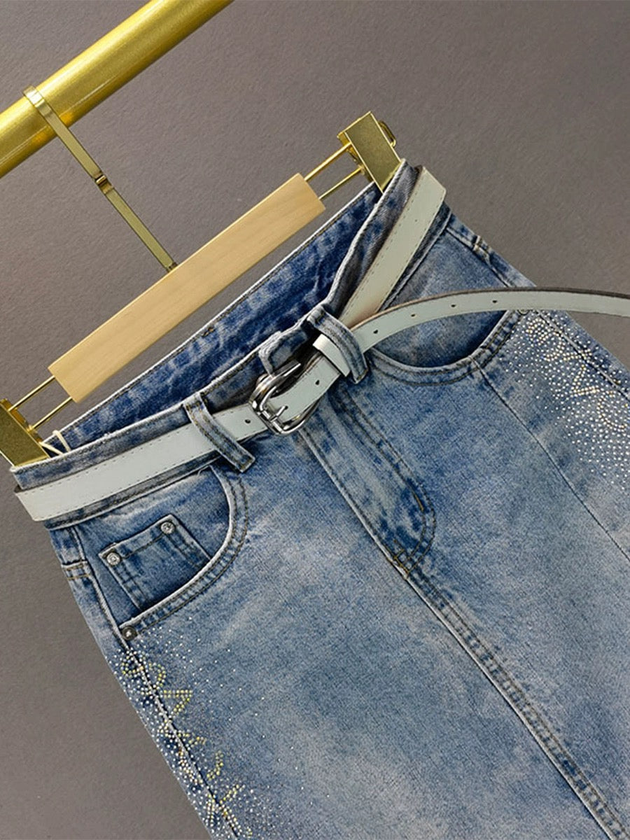 European station hot diamond slit skirt women's 2024 spring and summer new high-waist slim mid-length hip-covering denim skirt