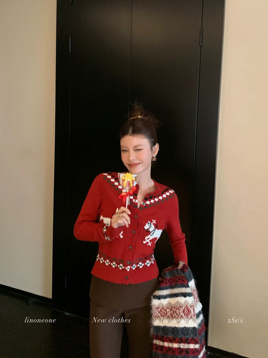 LINONEONE Year of the Horse Special Christmas and New Year Red Mosaic Pony Jacquard Knit Cardigan
