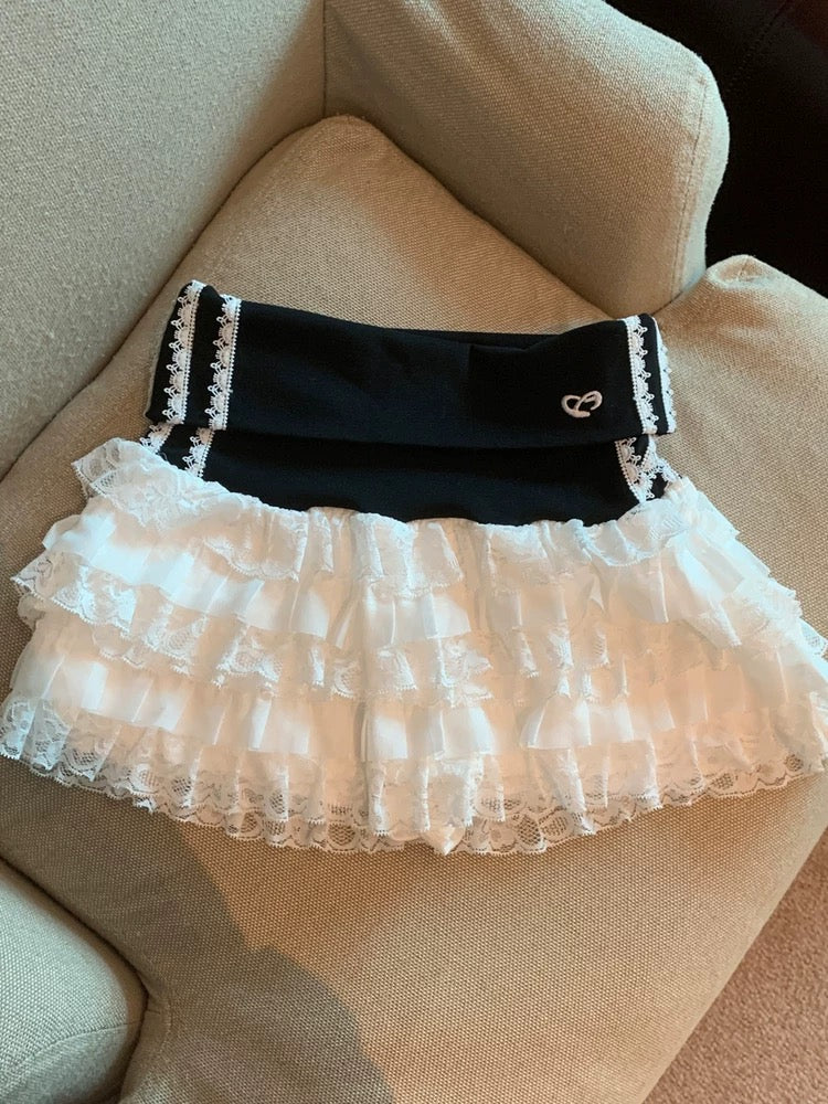 Jade Closet direct store recommendation ~ sweet style lace splicing contrast color high waist cake short skirt female summer