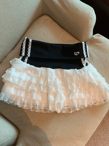 Jade Closet direct store recommendation ~ sweet style lace splicing contrast color high waist cake short skirt female summer