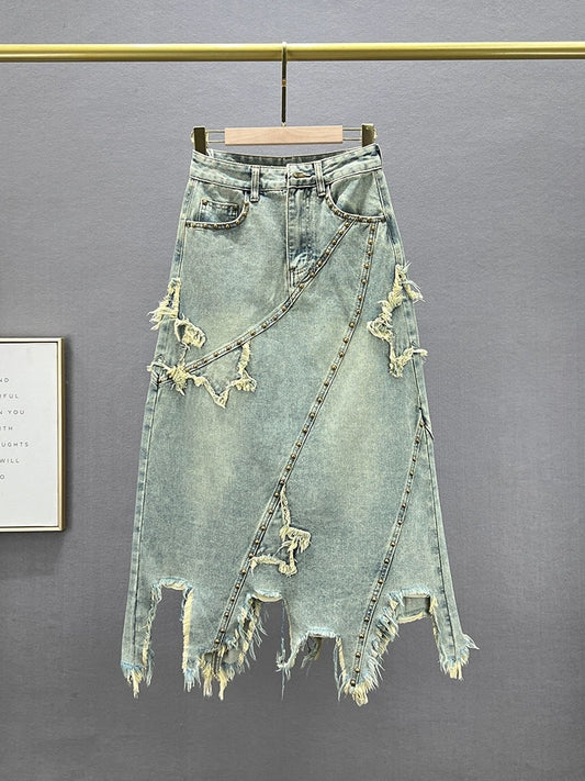 A-line denim skirt women's trendy 2024 new spring high-waisted loose slimming European style irregular mid-length skirt