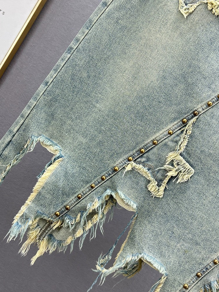 A-line denim skirt women's trendy 2024 new spring high-waisted loose slimming European style irregular mid-length skirt