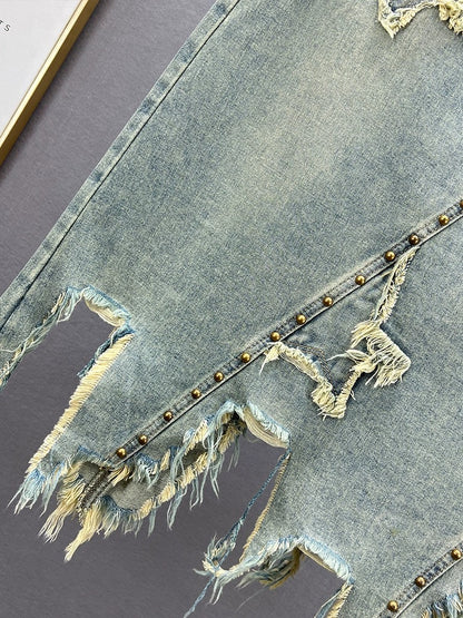 A-line denim skirt women's trendy 2024 new spring high-waisted loose slimming European style irregular mid-length skirt
