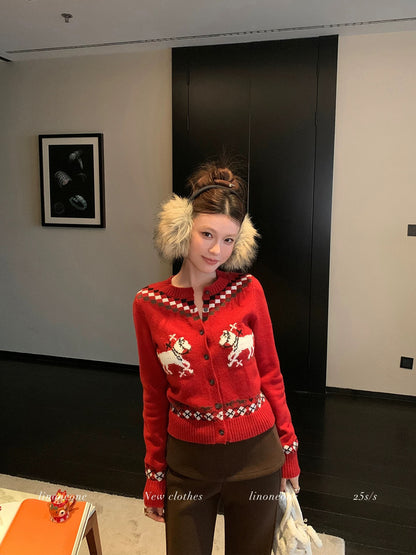 LINONEONE Year of the Horse Special Christmas and New Year Red Mosaic Pony Jacquard Knit Cardigan