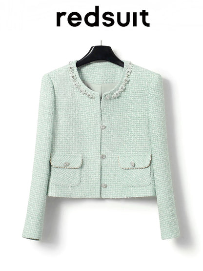 Redsuit Rich Girl Temperament Autumn Eyes Blue Heavy Lace Design Chanel Style Jacket Fashionable All-match Top