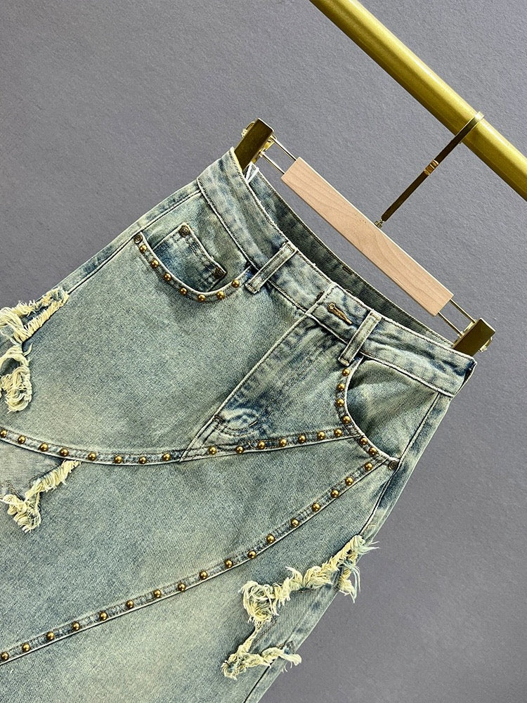 A-line denim skirt women's trendy 2024 new spring high-waisted loose slimming European style irregular mid-length skirt