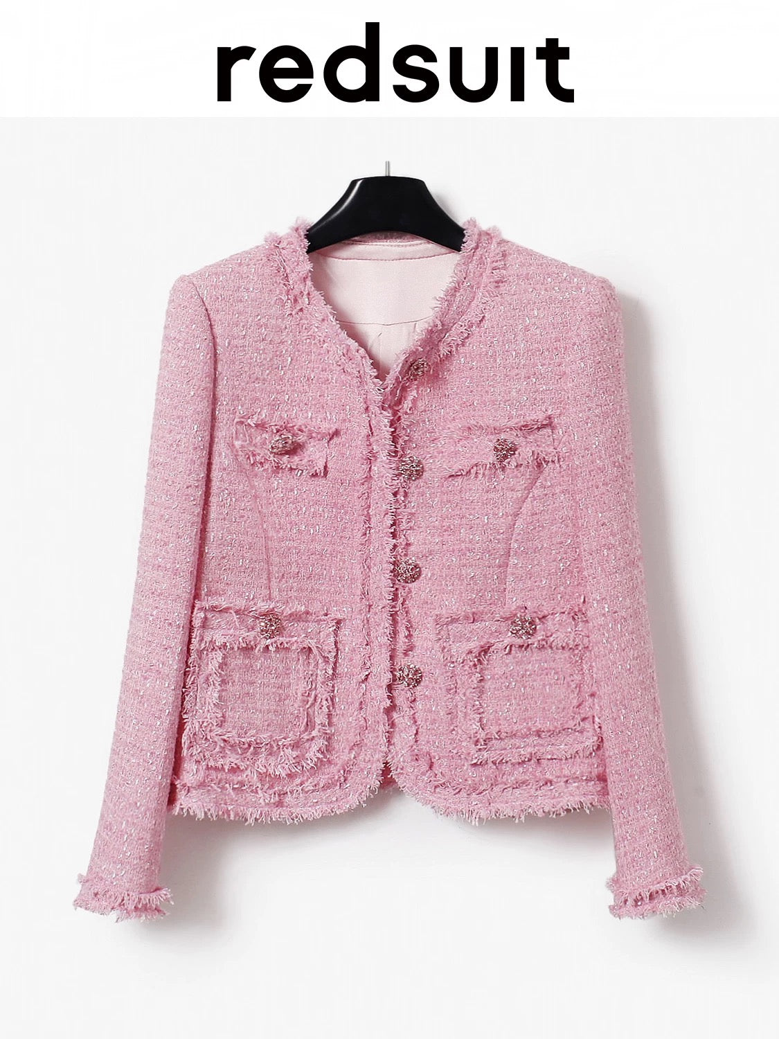 redsuit pink lady gentle and romantic tassel tweed small Chanel style jacket high-end round neck top
