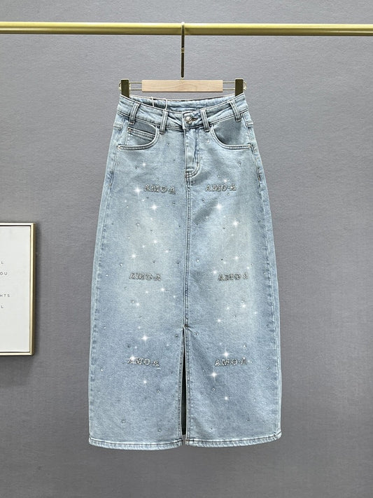Slit denim skirt women's trendy 2024 new spring and summer high-waisted slim-fitting European hot diamond mid-length skirt