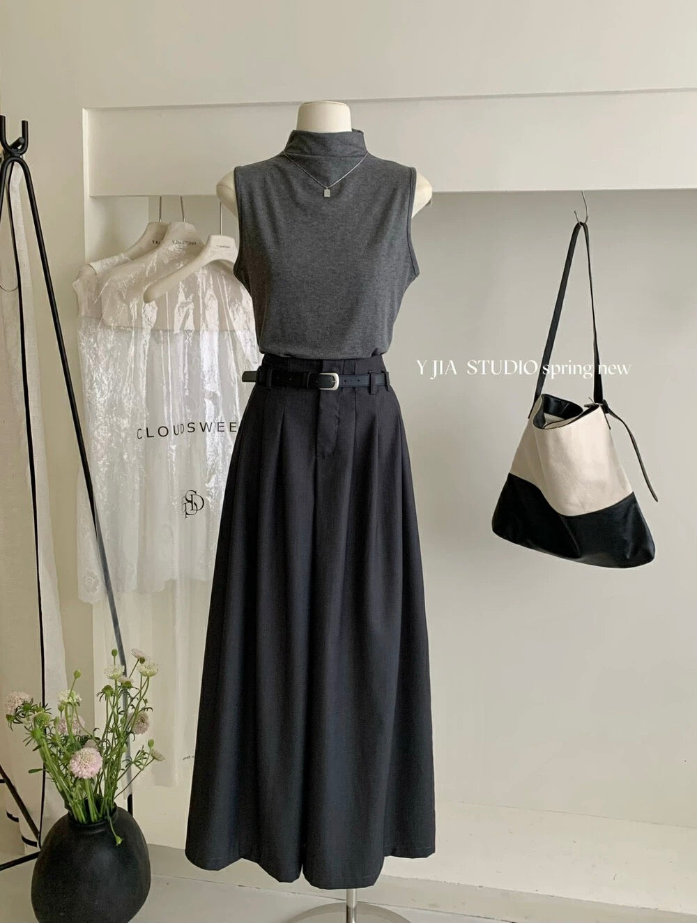 Y.JIA Yijia half high collar slim vest + pleated wide-leg suit pants suit (with belt) 9037-5