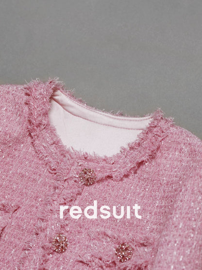 redsuit pink lady gentle and romantic tassel tweed small Chanel style jacket high-end round neck top