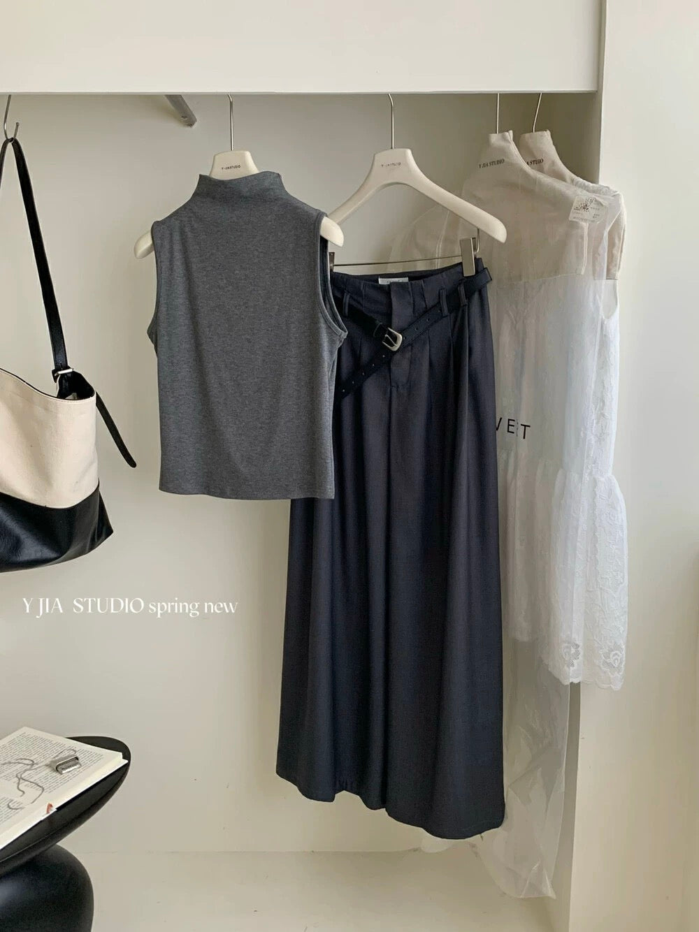 Y.JIA Yijia half high collar slim vest + pleated wide-leg suit pants suit (with belt) 9037-5