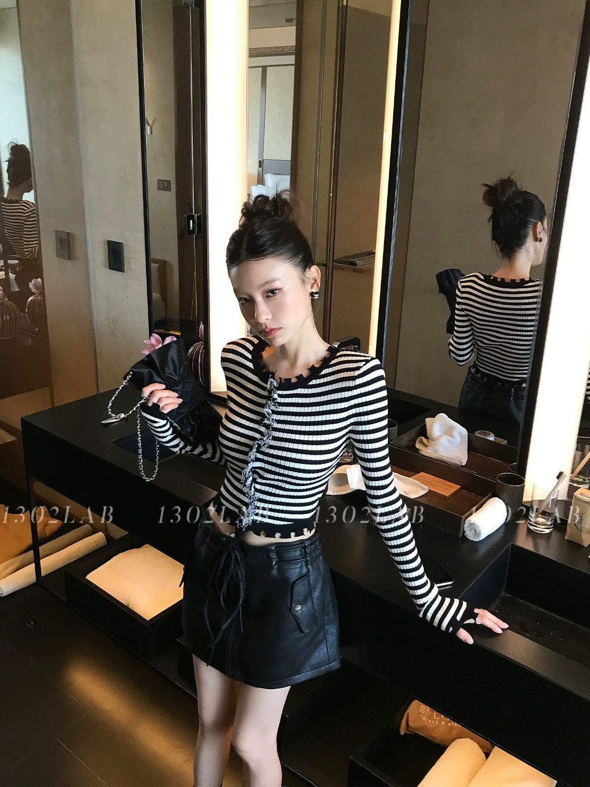 1302LAB Elegant-style Knit Cardigan with Padded Shoulders, Simple Striped Casual Top, Autumn 2025