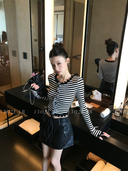 1302LAB Elegant-style Knit Cardigan with Padded Shoulders, Simple Striped Casual Top, Autumn 2025