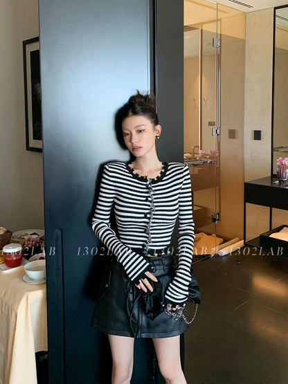 1302LAB Elegant-style Knit Cardigan with Padded Shoulders, Simple Striped Casual Top, Autumn 2025