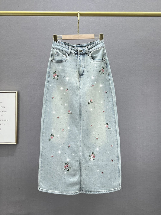 Hot diamond denim skirt for women 2024 new spring and summer high-waisted slim-fitting national style embroidered hip-hugging long skirt