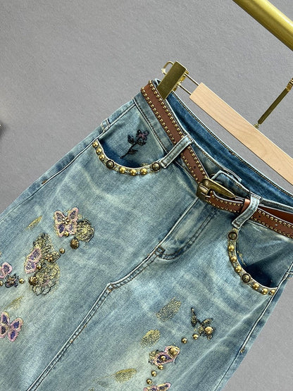Ethnic style embroidered denim skirt for women 2024 new spring and summer high waist slimming slim slit mid-length skirt
