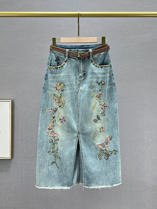 Ethnic style embroidered denim skirt for women 2024 new spring and summer high waist slimming slim slit mid-length skirt