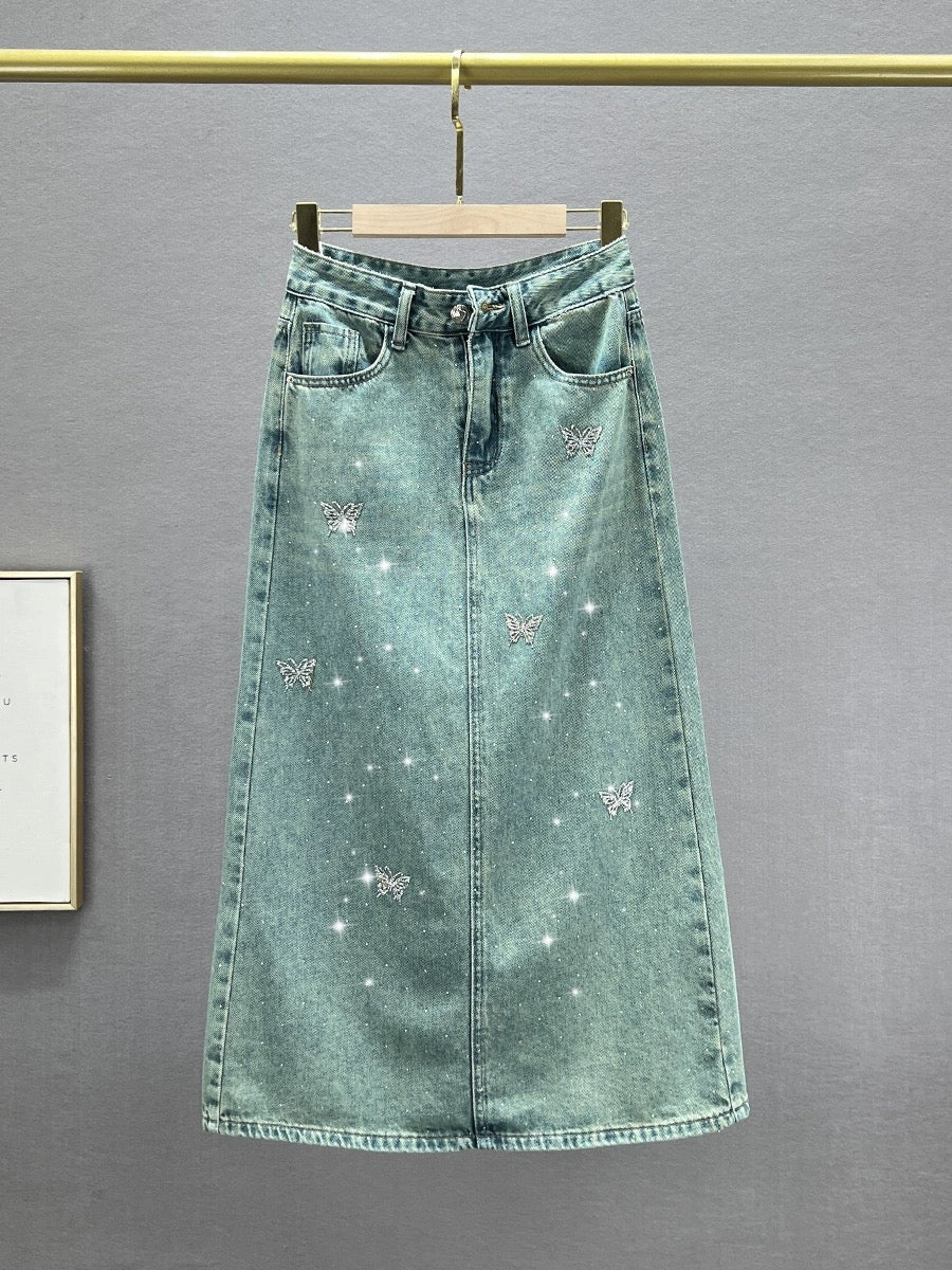 ins European slit denim skirt women's 2024 new spring high-waist slim slim mid-length skirt