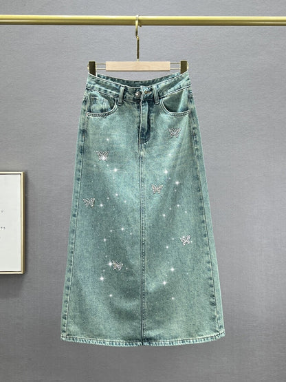 ins European slit denim skirt women's 2024 new spring high-waist slim slim mid-length skirt