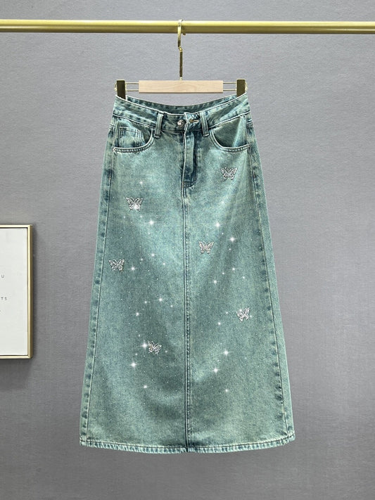 ins European slit denim skirt women's 2024 new spring high-waist slim slim mid-length skirt