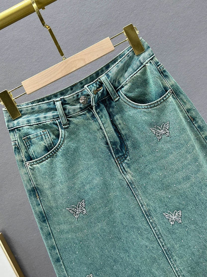 ins European slit denim skirt women's 2024 new spring high-waist slim slim mid-length skirt