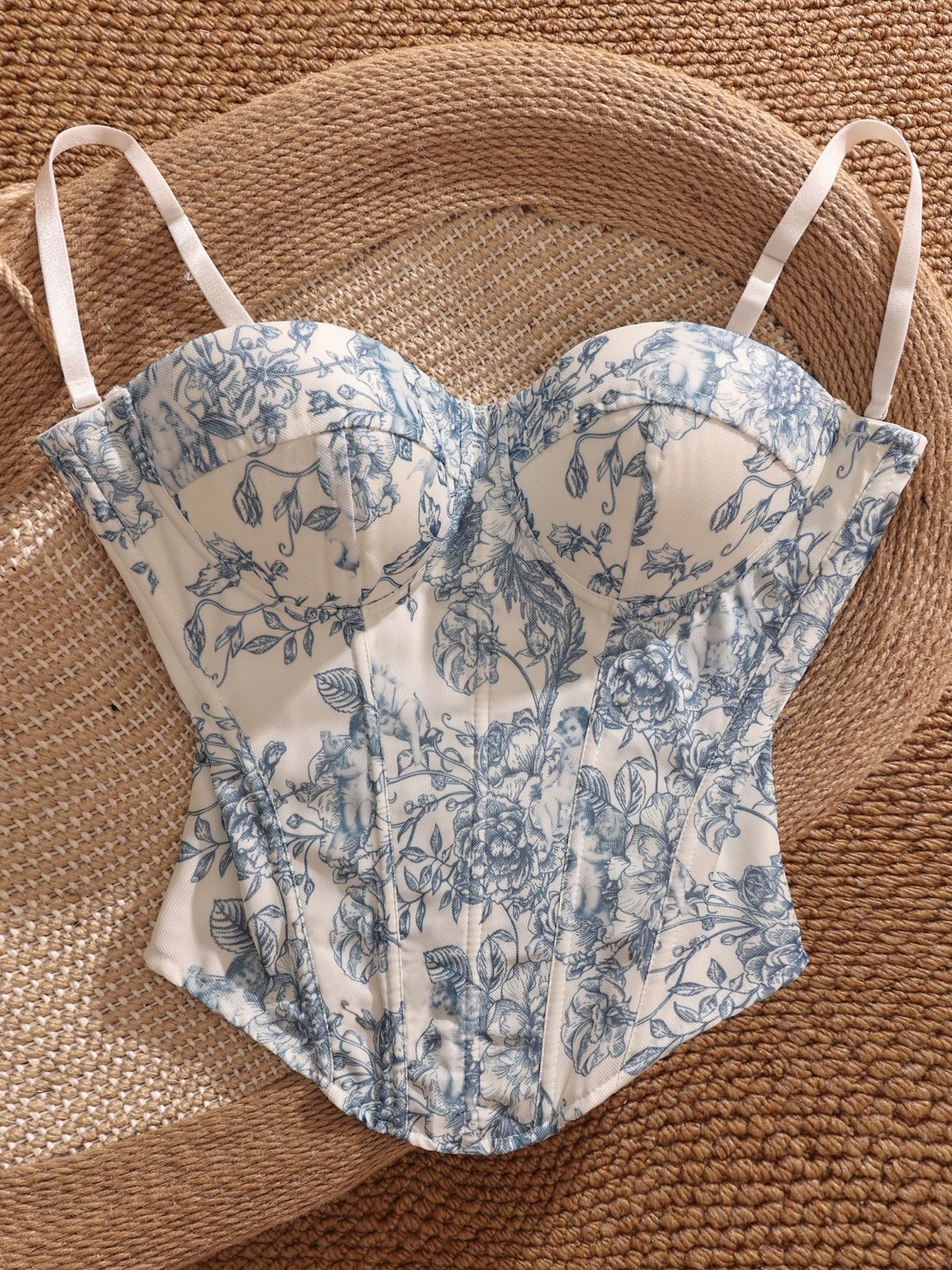 Pure and sexy floral print fishbone bra camisole, women's outerwear with breast pads, short design, niche style top