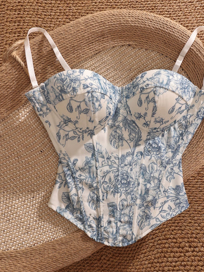 Pure and sexy floral print fishbone bra camisole, women's outerwear with breast pads, short design, niche style top