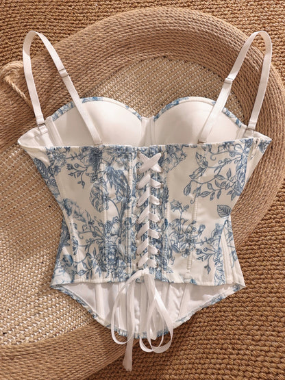 Pure and sexy floral print fishbone bra camisole, women's outerwear with breast pads, short design, niche style top