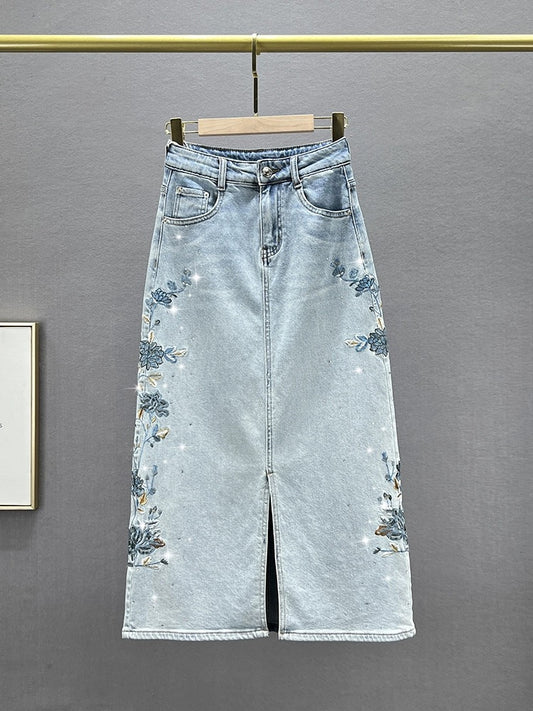 Slit denim skirt for women 2024 new spring and summer new style high waist ethnic style embroidered hot diamond mid-length skirt
