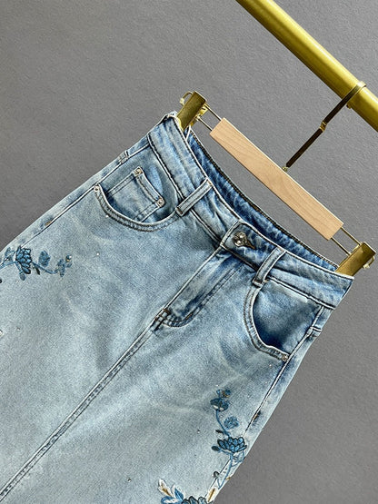 Slit denim skirt for women 2024 new spring and summer new style high waist ethnic style embroidered hot diamond mid-length skirt