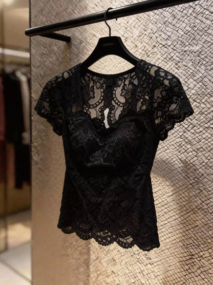 Guangzhou Shisanhang / Hangzhou Xinyifa High-End Women's Top: Lace, Square Neck, Short Sleeve, Open Back, Cut-Out Design