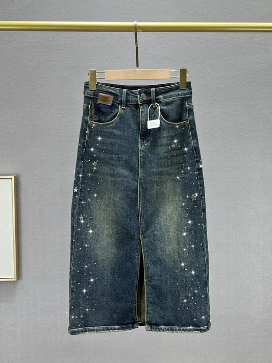 Hot diamond denim skirt women's trendy 2023 new autumn elastic high waist slimming European station slit mid-length skirt