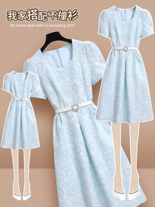 Blue Dress Formal Occasions 2024 New Women's Summer French Style Puff Sleeve High-End Exquisite Waist Dress