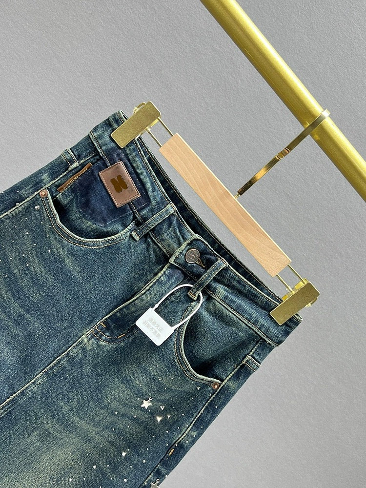 Hot diamond denim skirt women's trendy 2023 new autumn elastic high waist slimming European station slit mid-length skirt