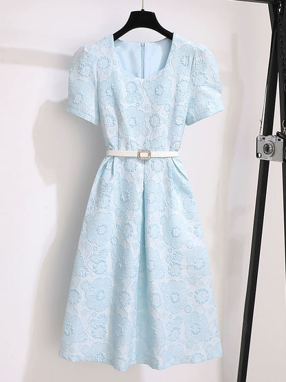 Blue Dress Formal Occasions 2024 New Women's Summer French Style Puff Sleeve High-End Exquisite Waist Dress